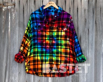Camisa de franela tie-dye personalizada, tallas XS, S, M, L, XL, 2X, 3X, tie-dye en espiral, franela arcoíris, camisa tie-dye con botones, camisa de franela para hombre