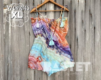 Extra Large READY TO SHIP Watercolor Style Tassel Frayed Cami Romper - Turkish Agate