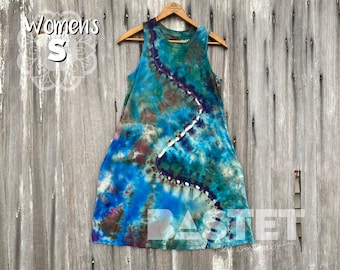 Pequeno (4-6) Pronto para enviar, estilo aquarela, tingimento de gelo reverso, vestido relaxado com bolsos, vestido tie-dye, comprimento médio, vestido boho