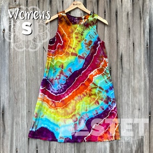 Small (4-6) Ready to Ship Reverse Rainbow Geode Swing Dress with Pockets, Rainbow Tie Dye Dress, Geode Tie Dye Dress, Sleeveless Dress
