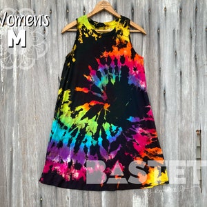 Medium (8-10) Ready to Ship, Reverse Tie Dye Rainbow Spiral Relaxed Swing Dress with Pockets, Rainbow Tie Dye Dress, Hippie Tie Dye Dress