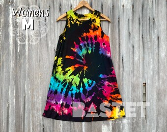 Medium (8-10) Ready to Ship, Reverse Tie Dye Rainbow Spiral Relaxed Swing Dress with Pockets, Rainbow Tie Dye Dress, Hippie Tie Dye Dress