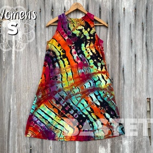 Small (4-6) Ready to Ship, Reverse Tie Dye Rainbow Geode Relaxed Swing Dress with Pockets, Rainbow Tie Dye Dress, Geode Tie Dye Dress