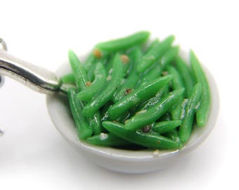 Bowl of Green Beans Charm, Farmer&#39;s Market String Bean Charm, Miniature Food Jewelry, Polymer Clay Vegetables, Mini Food Charm