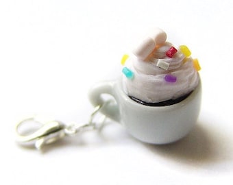 Hot Cocoa Charm, Miniature Food Jewelry, Polymer Clay Cocoa, Coffee Jewelry, Rainbow Sprinkle Whipped Cream, Cup of Chocolate Cocoa Charm