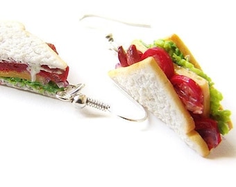 BLT Sandwich Earrings, Polymer Clay Lunch Food Charm, Polymer Clay Sandwich, Miniature Food Jewelry, Bacon Sandwich Earrings