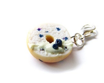 Blueberry Bagel Charm, Miniature Food Jewelry, Handmade Polymer Clay Miniature Bagel and Cream Cheese
