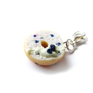 Blueberry Bagel Charm, Miniature Food Jewelry, Handmade Polymer Clay Miniature Bagel and Cream Cheese
