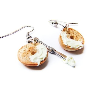 Bagel Earrings, Miniature Food Jewelry, Handmade Polymer Clay Miniature Bagel and Cream Cheese