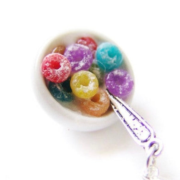 Fruity Cereal Charm, Polymer Clay Breakfast Bowl of Fruited Loop Cereal, Rainbow Breakfast