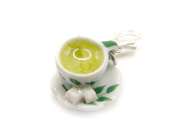 Hot Green Tea Latte Charm, Miniature Food Jewelry, Polymer Clay Teacup, Coffee Jewelry, Caffeine Pendant, Cup of Tea Charm, Tea Time Jewelry