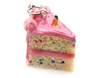 Classic Pink Frosted Birthday Confetti Cake Slice Charm - Birthday Cake Charm - Cake Slice Jewelry - Miniature Dollhouse Cake - Sprinkles