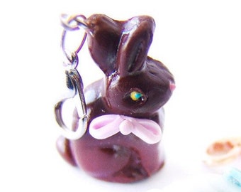 Easter Chocolate Rabbit Charm - Miniature Food Jewelry - Chocolate Bunny Charm, Polymer Clay Peep, Food Stitch Marker, Easter Basket Jewelry