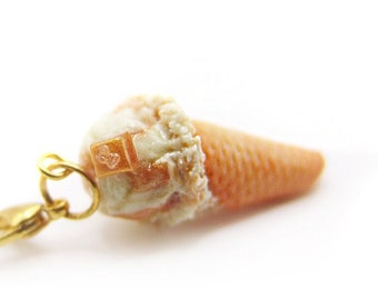 Salted Caramel Ice Cream Cone Charm, Miniature Food Jewelry, Handmade Polymer Clay Miniature Fruit, Ice Cream Jewelry, Clay Waffle Cone