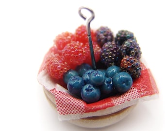 Farmer&#39;s Market Berry Basket Charm, Triple Berries Bushel Basket Food Jewelry, Polymer Clay Fruit Basket
