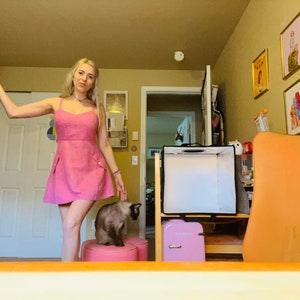 K&ouml;nnte beinhalten: Eine Frau in einem rosa Kleid steht in einem Raum mit einer Katze, die auf einem rosa Hocker sitzt. Im Hintergrund befinden sich eine wei&szlig;e Lichtbox und ein rosa Minik&uuml;hlschrank.