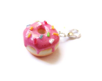 Strawberry Pink Sprinkle Donut Charm - Miniature Food Jewelry - Sprinkle Frosted  Doughnut Charm