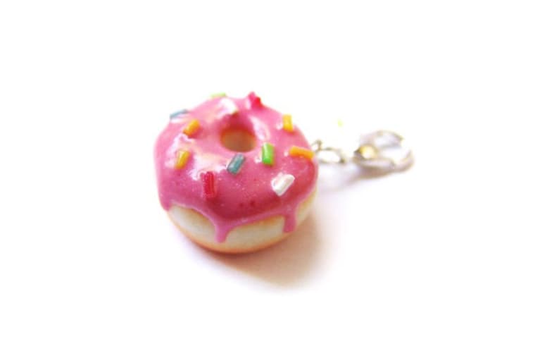 Strawberry Pink Sprinkle Donut Charm Miniature Food Jewelry Sprinkle Frosted Doughnut Charm image 1