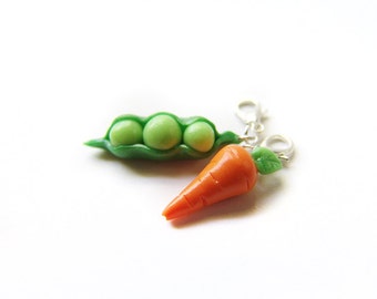 BFF Peas and Carrots Charm Set, Pea Pod Charm, Miniature Food Jewelry, Polymer Clay Peas and Carrots, Peas and Carrots Charm