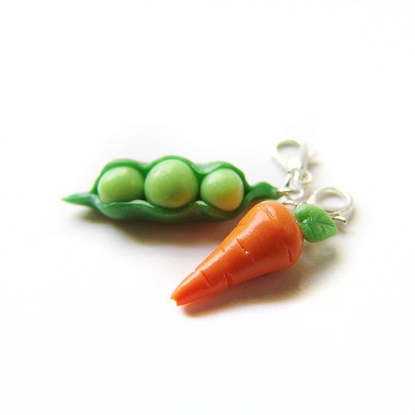BFF Peas and Carrots Charm Set, Pea Pod Charm, Miniature Food Jewelry, Polymer Clay Peas and Carrots, Peas and Carrots Charm