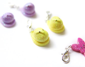 Easter Marshmallow Peep Charm - Miniature Food Jewelry - Bunny Chick Peep Charm, Polymer Clay Peep, Food Stitch Marker, Easter Peep Jewelry