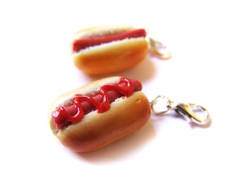 Classic Hotdog Charm, Polymer Clay Hot Dog, Miniature Food Jewelry, Polymer Clay Food Charm, Polymer Clay Hotdog Charm, Mustard Dog Ketchup