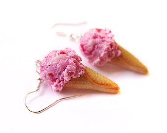 Strawberry Ice Cream Earrings, Miniature Polymer Clay Food Jewelry, Dangly Waffle Cone Earrings