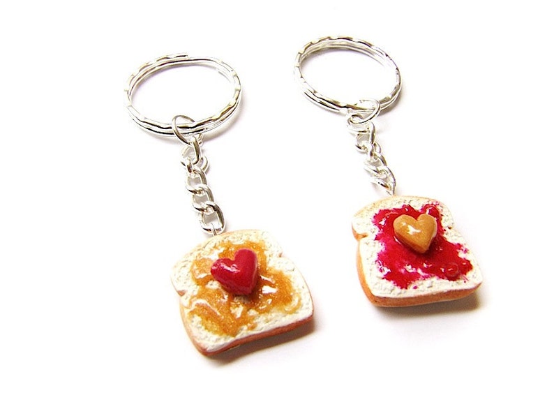 Peanut Butter and Strawberry Jelly Key Chains, Polymer Clay Peanut Butter and Jelly Sandwiches, BFF Hearts Toast Charms image 4