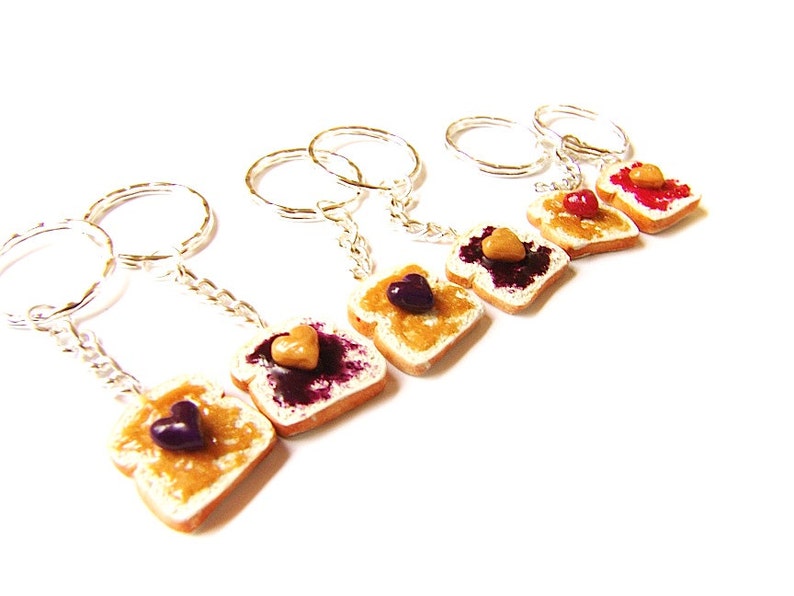 Peanut Butter and Strawberry Jelly Key Chains, Polymer Clay Peanut Butter and Jelly Sandwiches, BFF Hearts Toast Charms image 5
