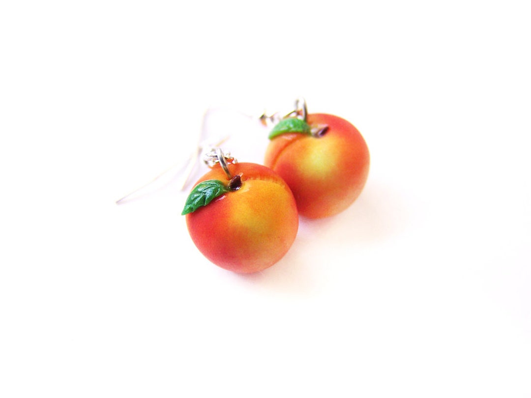Peach Earrings, Miniature Food Jewelry, Polymer Clay Fruit,