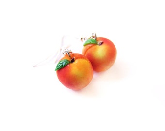 Peach Earrings, Miniature Food Jewelry, Polymer Clay Fruit, Georgia Peach Jewelry, Peach Dangle Earrings, Fruit Earrings, Miniature Fruit