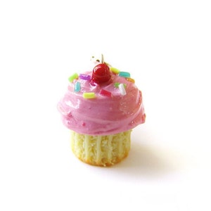 Strawberry Pink Sprinkle Cupcake Charm - Miniature Food Jewelry - Sprinkle Frosted Cupcake Charm, Food Stitch Marker, Dessert Jewelry