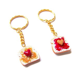 Peanut Butter and Strawberry Jelly Key Chains, Polymer Clay Peanut Butter and Jelly Sandwiches, BFF Hearts Toast Charms image 2