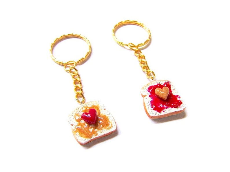 Peanut Butter and Strawberry Jelly Key Chains, Polymer Clay Peanut Butter and Jelly Sandwiches, BFF Hearts Toast Charms image 2