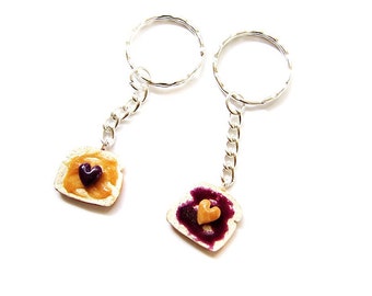 Peanut Butter and Grape Jelly Key Chains, Polymer Clay Peanut Butter and Jelly Sandwiches, BFF Hearts Toast Charms