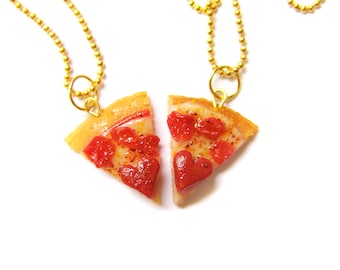 Heart Pizza Best Friend Necklaces, Miniature Food Jewelry, Polymer Clay Food Friendship Necklaces, Pepperoni Pizza Jewelry