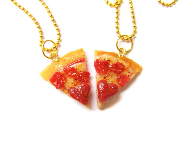 Heart Pizza Best Friend Necklaces, Miniature Food Jewelry, Polymer Clay Food Friendship Necklaces, Pepperoni Pizza Jewelry image 1