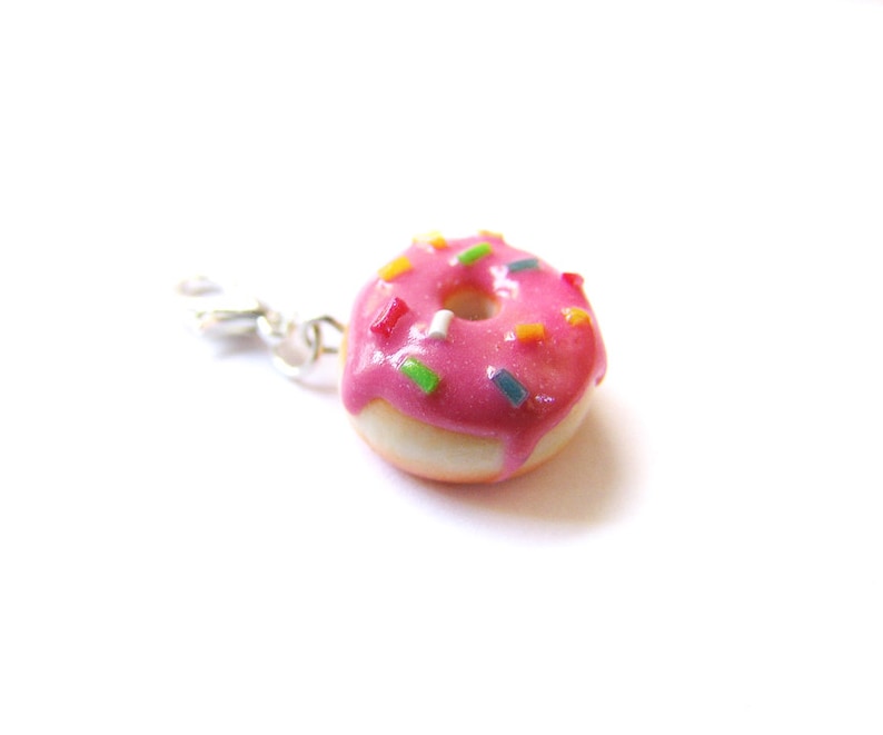 Strawberry Pink Sprinkle Donut Charm Miniature Food Jewelry Sprinkle Frosted Doughnut Charm image 2