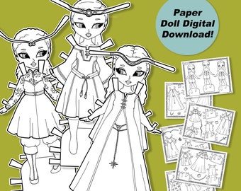 Fantasy Printable Paper Doll, Paper Doll Coloring Pages for Kids, Paper Dolls Black and White, Princess Coloring Book PDF, Instant Download