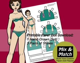 Retro Paper Doll Printable: Hand-Drawn Figure with Shoes (Digital Download)