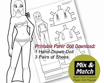 Printable Paper Doll Coloring Page- Instant Download- Black Paper Dolls