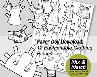 Printable Paper Doll Fashions Coloring Page: Kids Paper Craft (Digital Download)