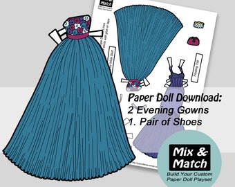 Printable Paper Doll Fancy Gowns, Digital Download, Dress Up Dolls, Gift for Girls, Fine Motor Activity for Kids