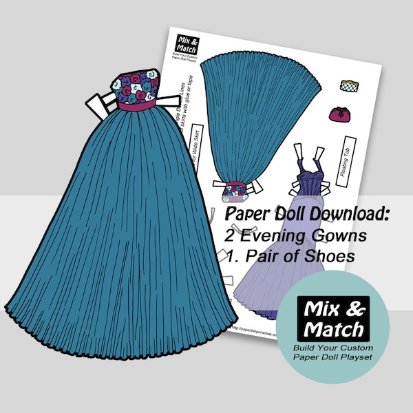 Printable Paper Doll Fancy Gowns, Digital Download, Dress Up Dolls, Gift for Girls, Fine Motor Activity for Kids