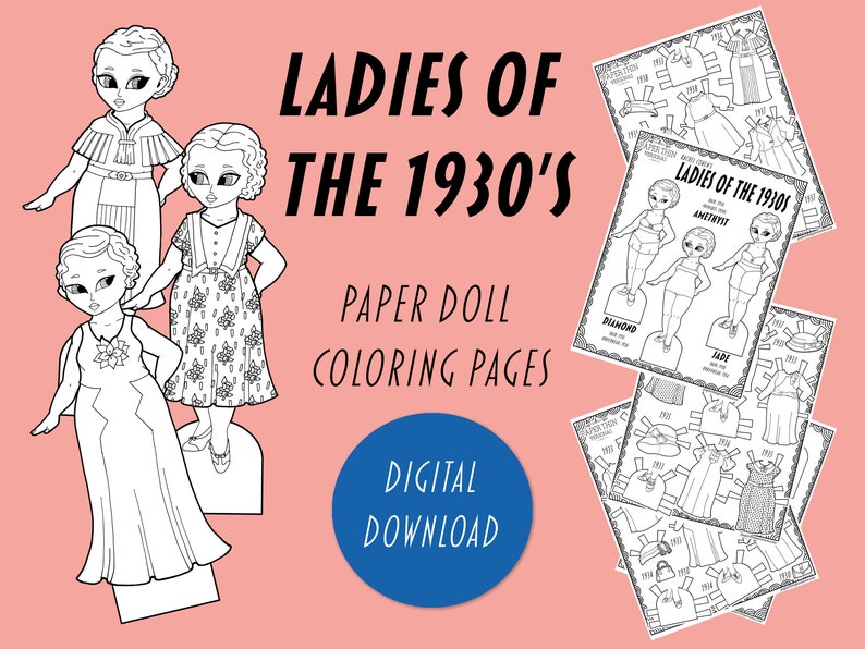 1930s Printable Paper Doll Coloring Book PDF, Kids Coloring Pages, 30s Vintage Paper Doll Printables, Children's Paper Crafts image 1