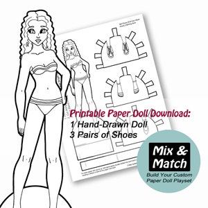 Paper Doll to Color- Printable to Color- Curly Haired Doll- Hand Drawn Coloring Page for Kids- Children&#39;s Coloring Sheet