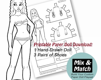 Paper Doll to Color- Printable to Color- Curly Haired Doll- Hand Drawn Coloring Page for Kids- Children's Coloring Sheet