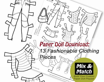 Paper Doll Fashion Coloring Page- Paper Doll Download- Printable Paper Doll Clothing- Coloring Page- Dress Up Doll- Paper Doll To Print