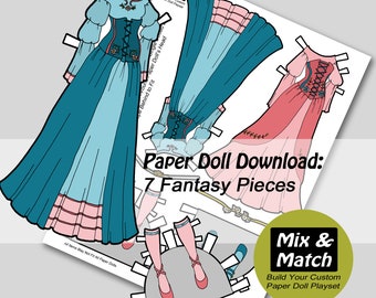 Könnte beinhalten: Ein druckbares Papierpuppen-Set mit sieben fantasievollen Teilen. Die Papierpuppe trägt ein blaues und rosa Kleid mit einem Spitzenoberteil. Das Set enthält einen Rock, ein Oberteil, Beine und Schuhe. Der Text auf der Seite lautet "Mix & Match Paper Doll Download: 7 Fantasy Pieces".