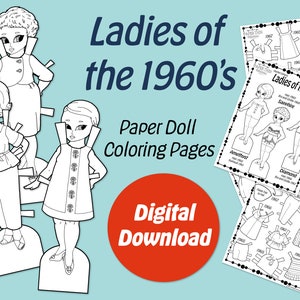 1960s Printable Paper Doll Coloring Book PDF, Kids Coloring Books, Vintage 60s Paper Doll Printables, Children&#39;s Coloring Books